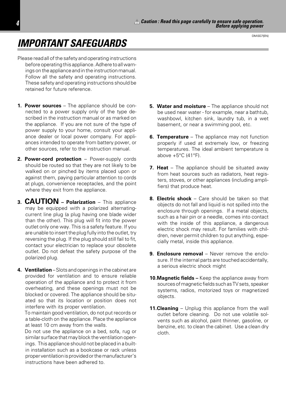 Important safeguards, Caution | Kenwood DM-SG7 User Manual | Page 4 / 52