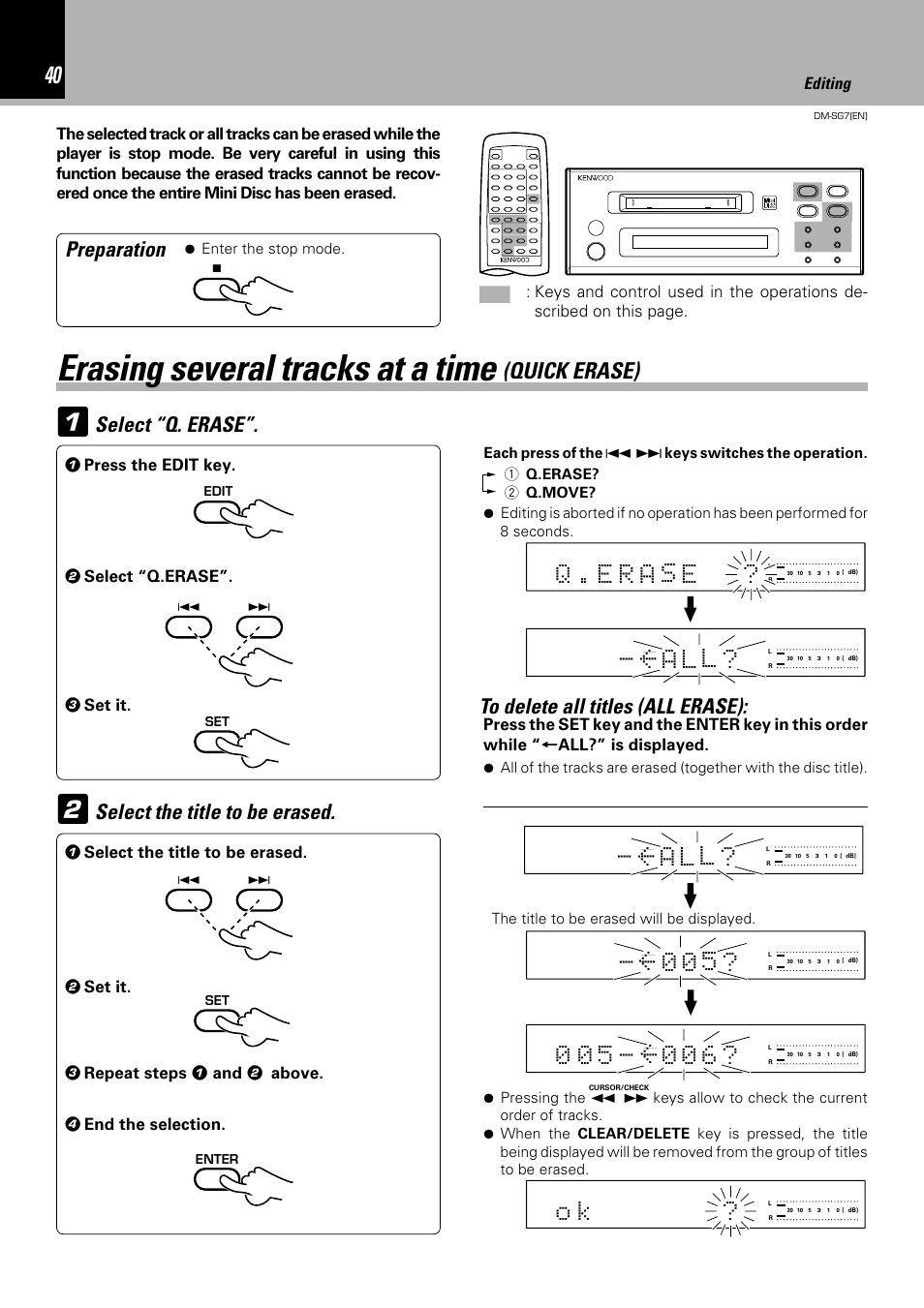 Erasing several tracks at a time, Quick erase), E r a - l l a | E r a - 0 5 0, Select “q. erase, Select the title to be erased, Preparation, 1 press the edit key, 2 select “q.erase | Kenwood DM-SG7 User Manual | Page 40 / 52