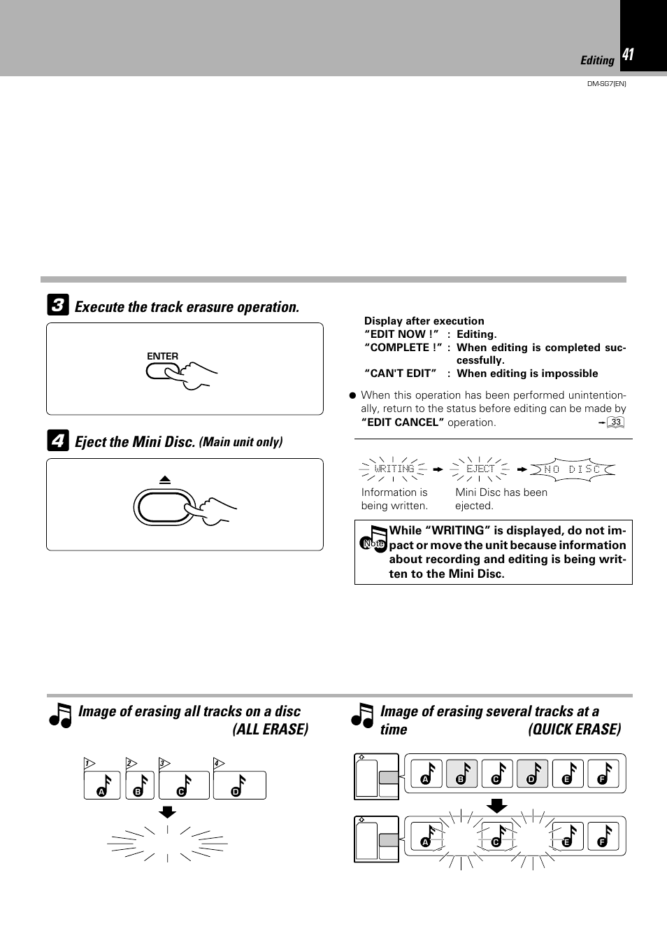 Execute the track erasure operation, Image of erasing all tracks on a disc (all erase), Eject the mini disc | Main unit only) | Kenwood DM-SG7 User Manual | Page 41 / 52