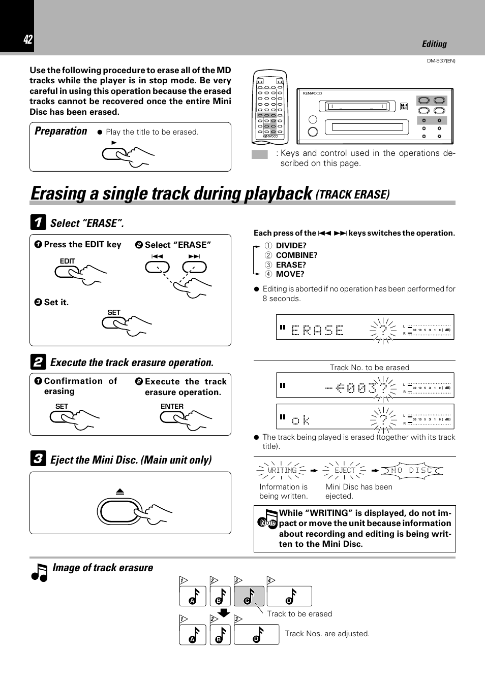 Erasing a single track during playback, E r a - 0 0 3, Track erase) | Preparation, Select “erase, Execute the track erasure operation, Image of track erasure, Eject the mini disc. (main unit only) | Kenwood DM-SG7 User Manual | Page 42 / 52