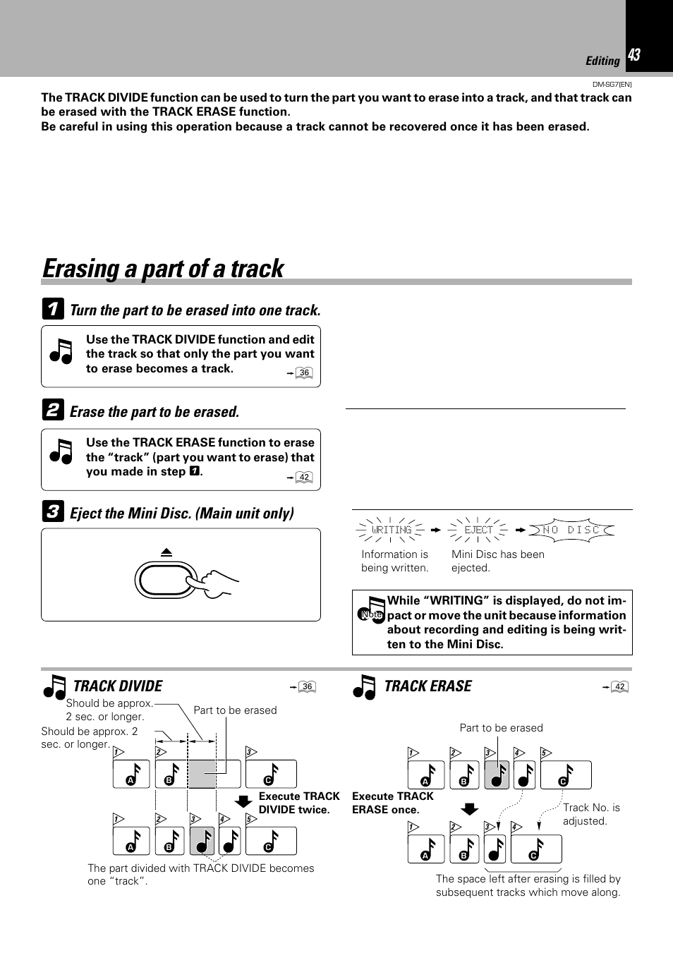 1erasing a part of a track, Turn the part to be erased into one track, Track divide | Track erase, Eject the mini disc. (main unit only), Erase the part to be erased | Kenwood DM-SG7 User Manual | Page 43 / 52