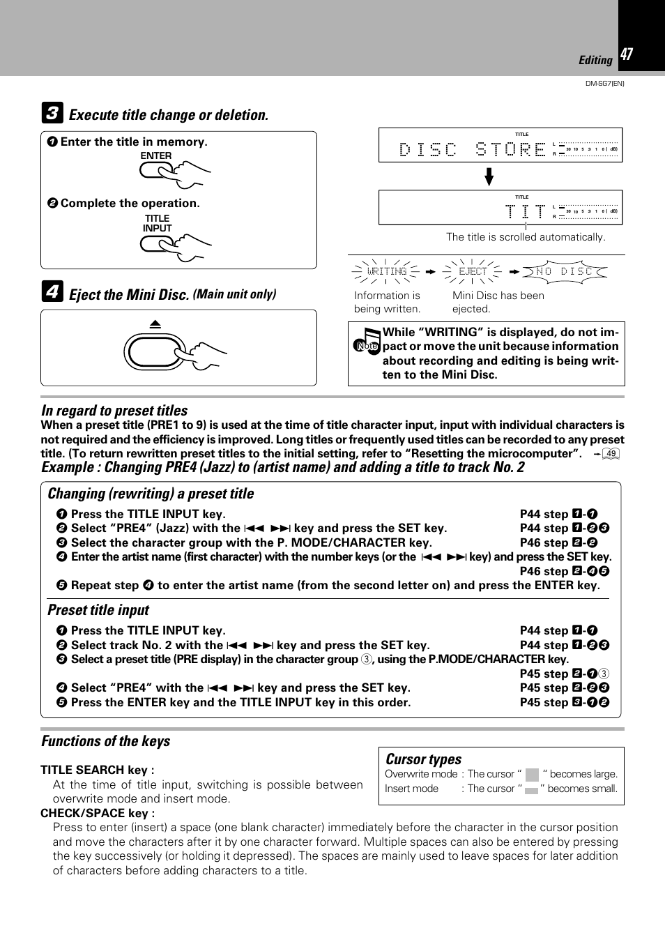T i t, Execute title change or deletion, Functions of the keys | Eject the mini disc, Cursor types, Preset title input, Main unit only) | Kenwood DM-SG7 User Manual | Page 47 / 52