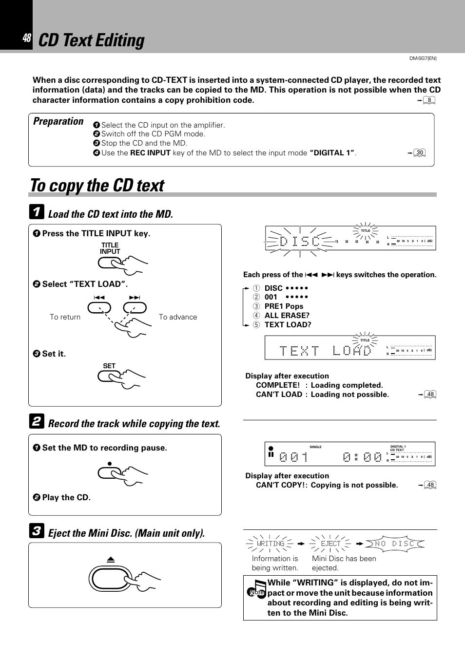 Cd text editing, Load the cd text into the md, Record the track while copying the text | Eject the mini disc. (main unit only), Preparation | Kenwood DM-SG7 User Manual | Page 48 / 52