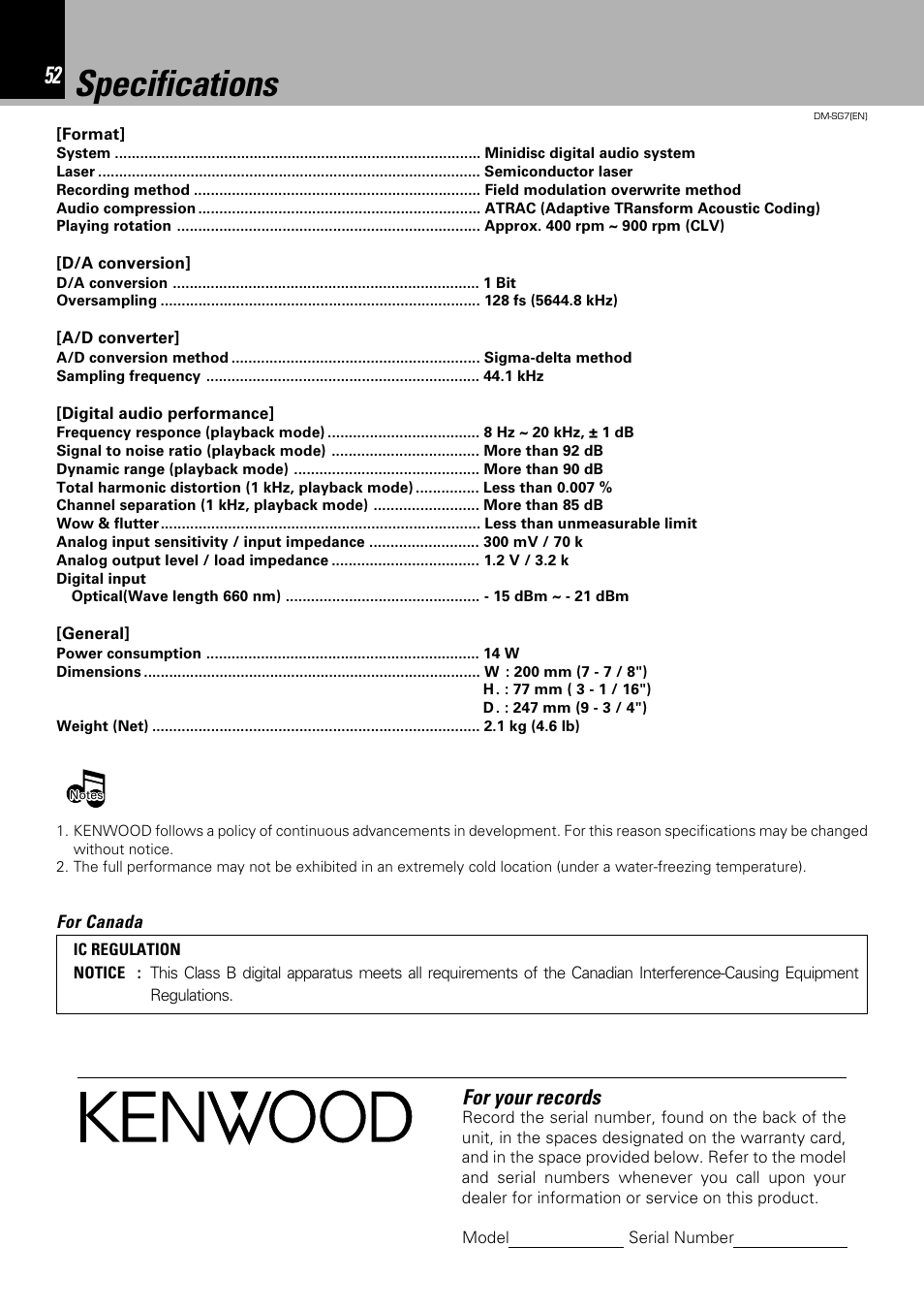 Specifications, For your records | Kenwood DM-SG7 User Manual | Page 52 / 52