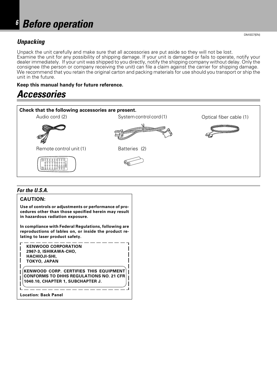 Before operation, Accessories, Unpacking | Kenwood DM-SG7 User Manual | Page 6 / 52