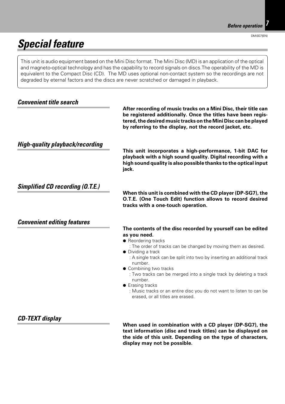 Special feature, Convenient editing features, Simplified cd recording (o.t.e.) | High-quality playback/recording, Convenient title search, Cd-text display | Kenwood DM-SG7 User Manual | Page 7 / 52