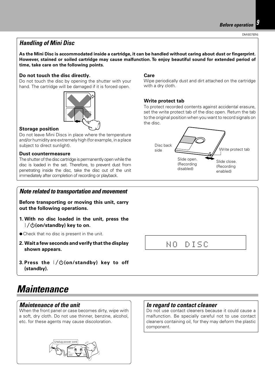 Maintenance, Maintenance of the unit, Handling of mini disc | Kenwood DM-SG7 User Manual | Page 9 / 52