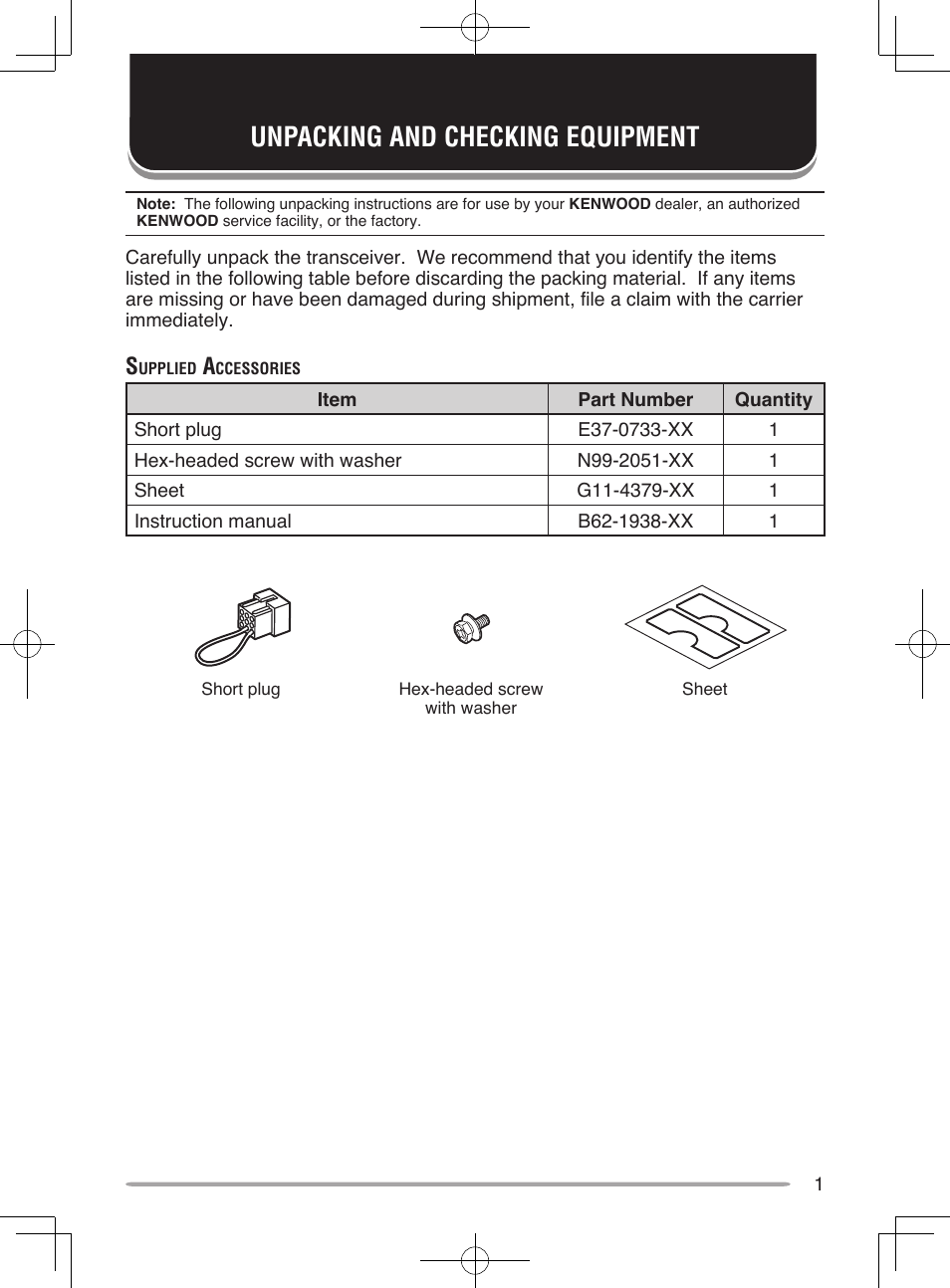 Unpacking and checking equipment | Kenwood UHF P25 Transceiver TK-5810 User Manual | Page 7 / 44