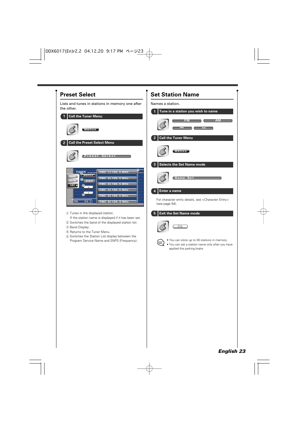 Preset select, Set station name, English 23 | Kenwood DDX6017 User Manual | Page 23 / 92