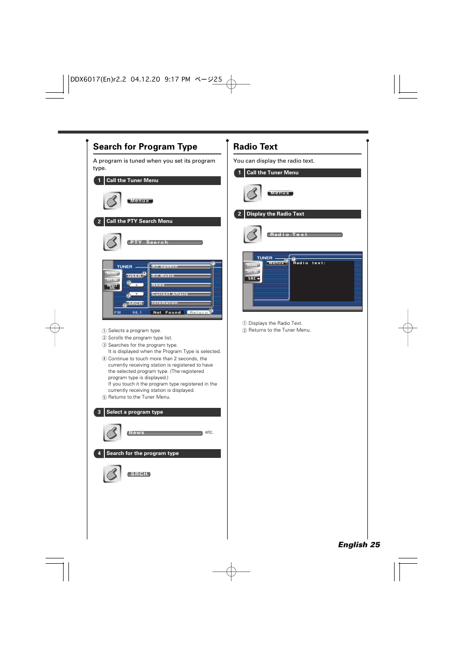 Radio text, Search for program type, English 25 | Kenwood DDX6017 User Manual | Page 25 / 92