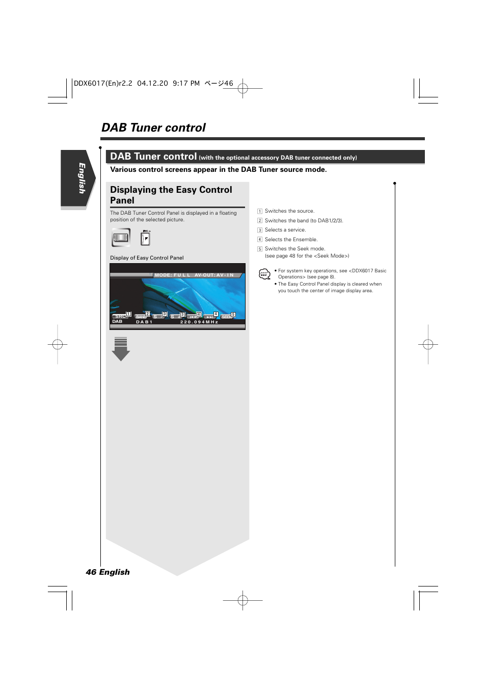 Dab tuner control, Displaying the easy control panel, English 46 english | Kenwood DDX6017 User Manual | Page 46 / 92