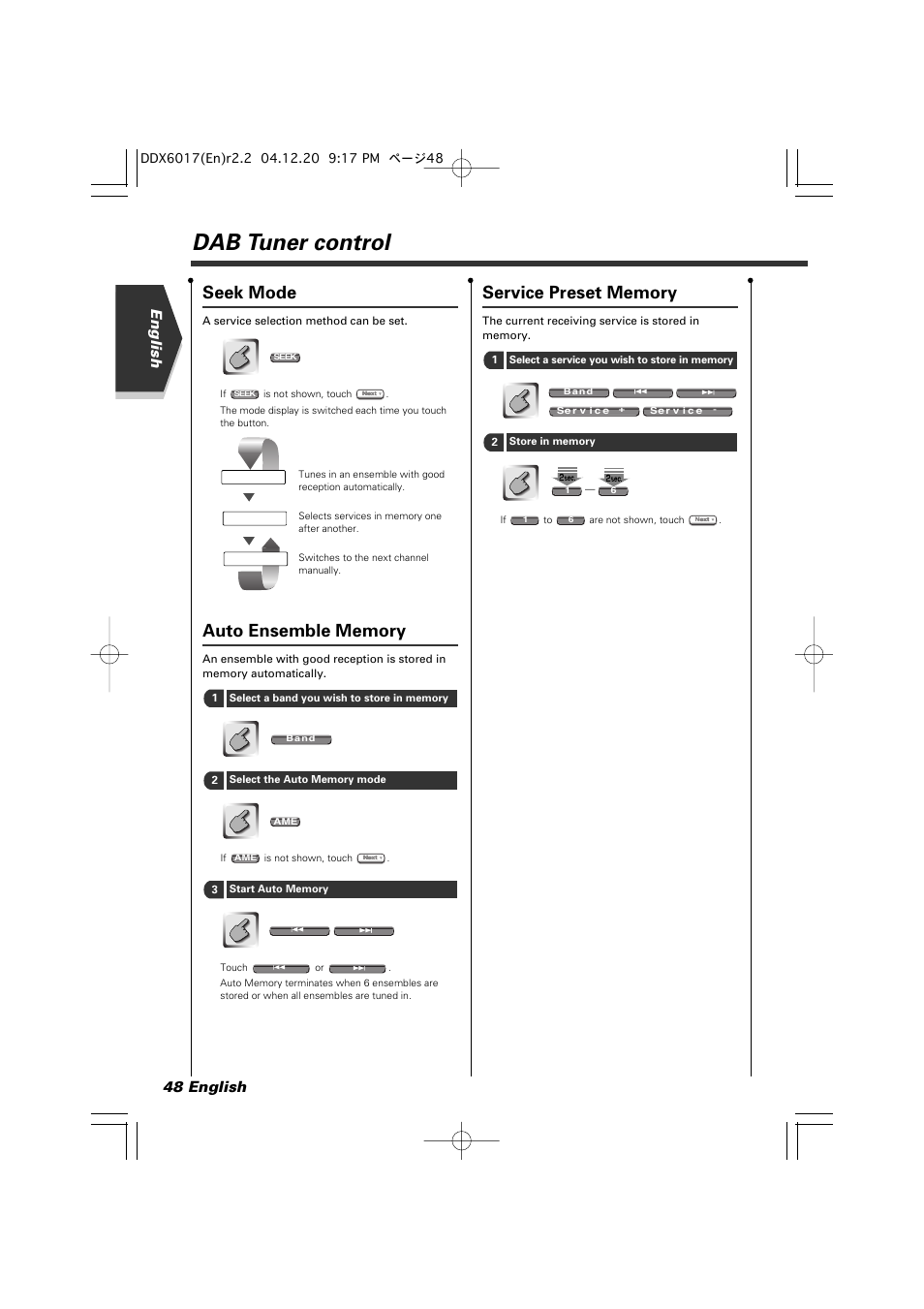 Dab tuner control, Seek mode, English 48 english | Kenwood DDX6017 User Manual | Page 48 / 92