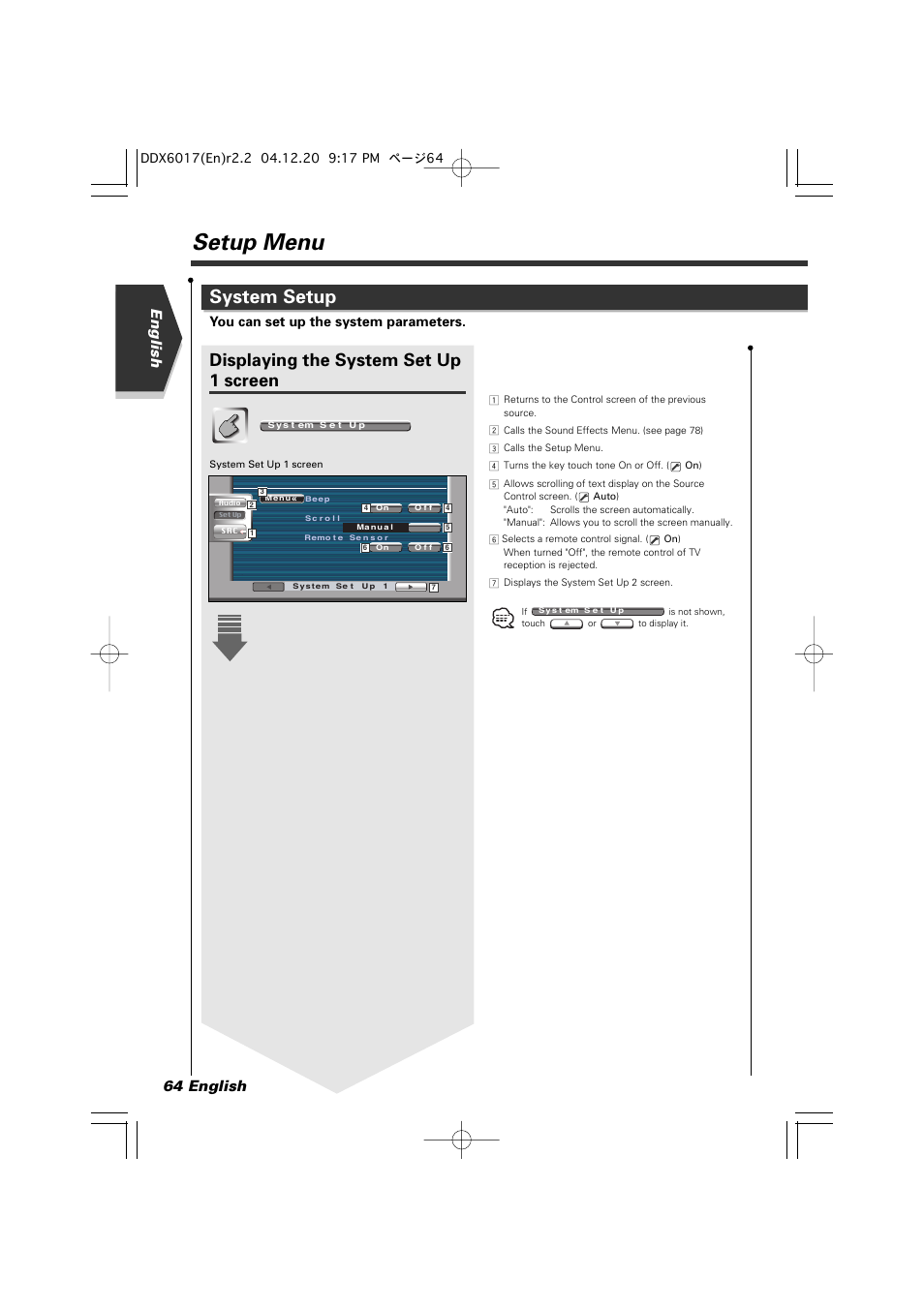 Setup menu, System setup, Displaying the system set up 1 screen | English 64 english, You can set up the system parameters | Kenwood DDX6017 User Manual | Page 64 / 92