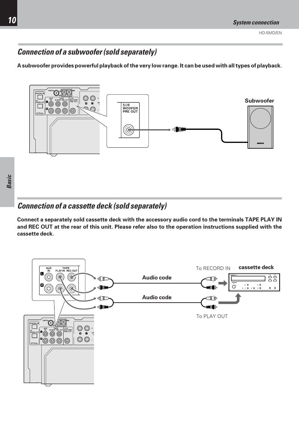 Connection of a subwoofer (sold separately), Connection of a cassette deck (sold separately), Basic | System connection, Audio code, Cassette deck, Subwoofer | Kenwood MICRO HI-FI COMPONENT SYSTEM HD-5MD User Manual | Page 10 / 80