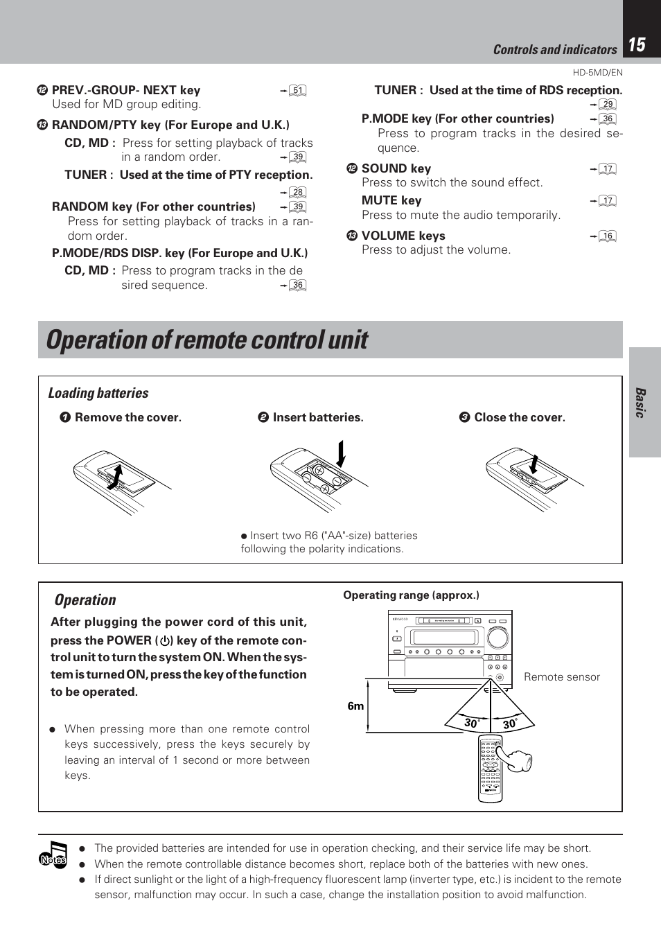 Operation of remote control unit, Operation, Loading batteries | Kenwood MICRO HI-FI COMPONENT SYSTEM HD-5MD User Manual | Page 15 / 80