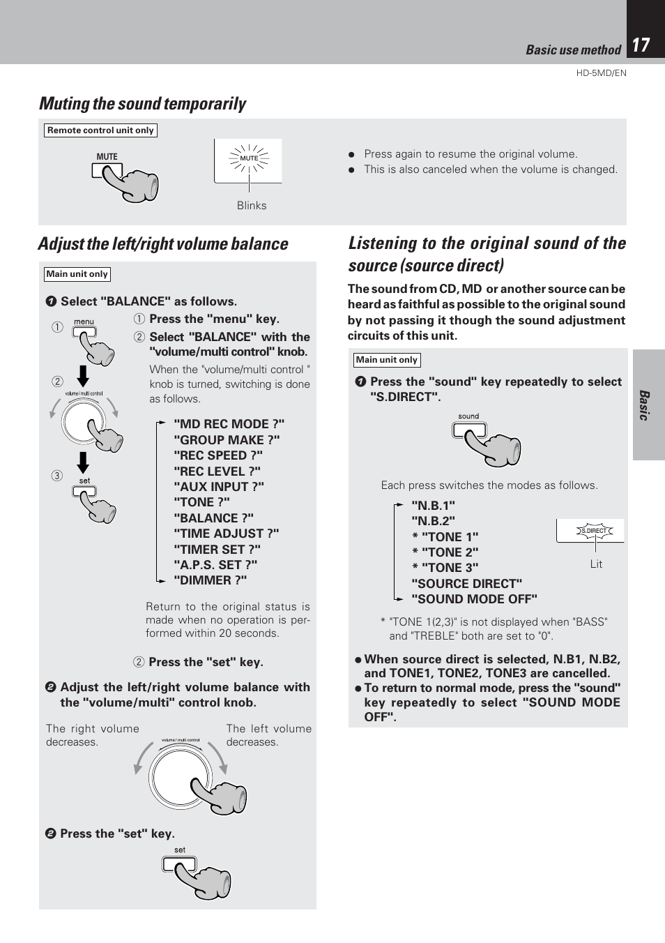 Muting the sound temporarily, Adjust the left/right volume balance | Kenwood MICRO HI-FI COMPONENT SYSTEM HD-5MD User Manual | Page 17 / 80