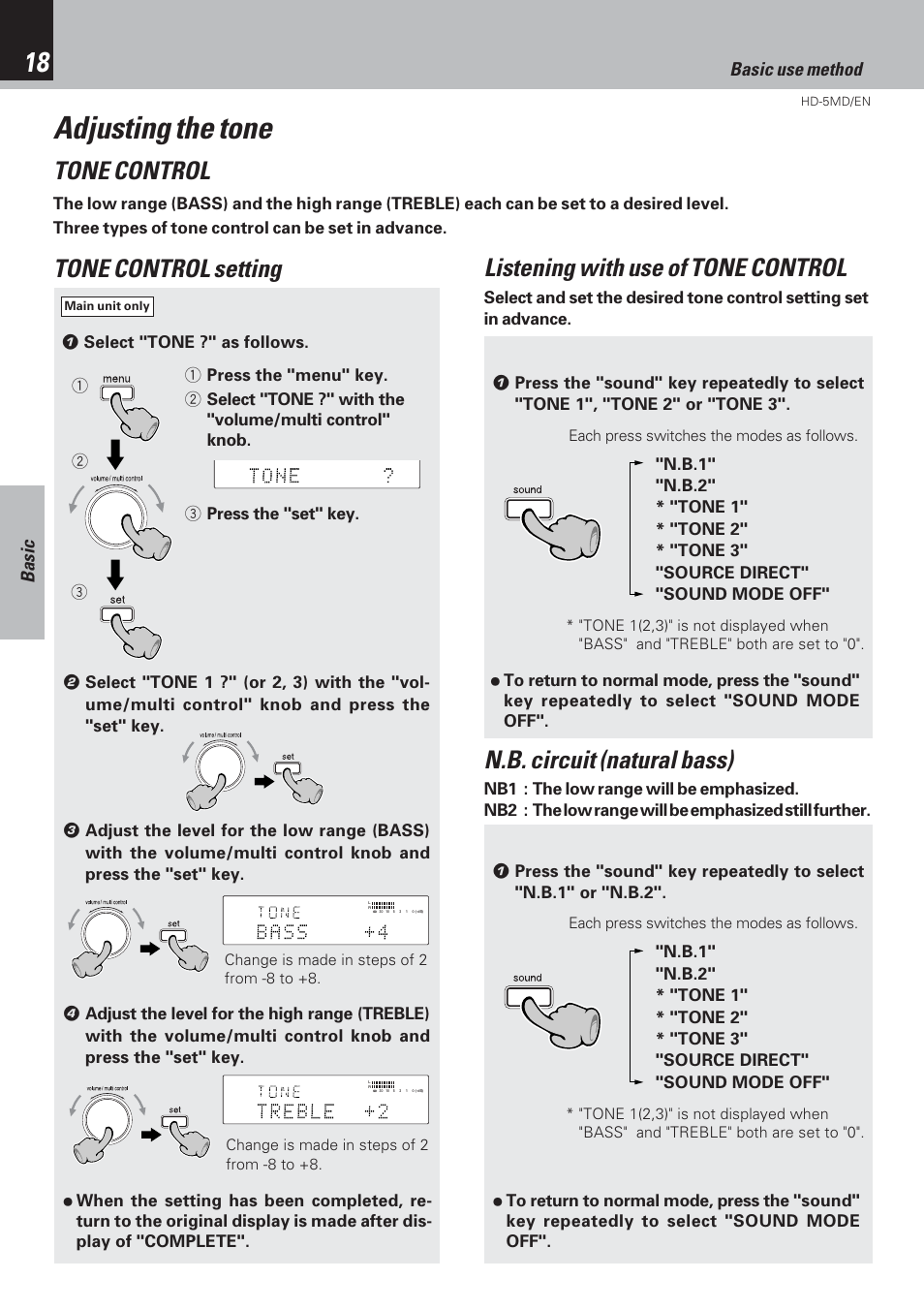 Adjusting the tone, Tone control, Tone control setting | Listening with use of tone control, N.b. circuit (natural bass), Basic, Basic use method | Kenwood MICRO HI-FI COMPONENT SYSTEM HD-5MD User Manual | Page 18 / 80