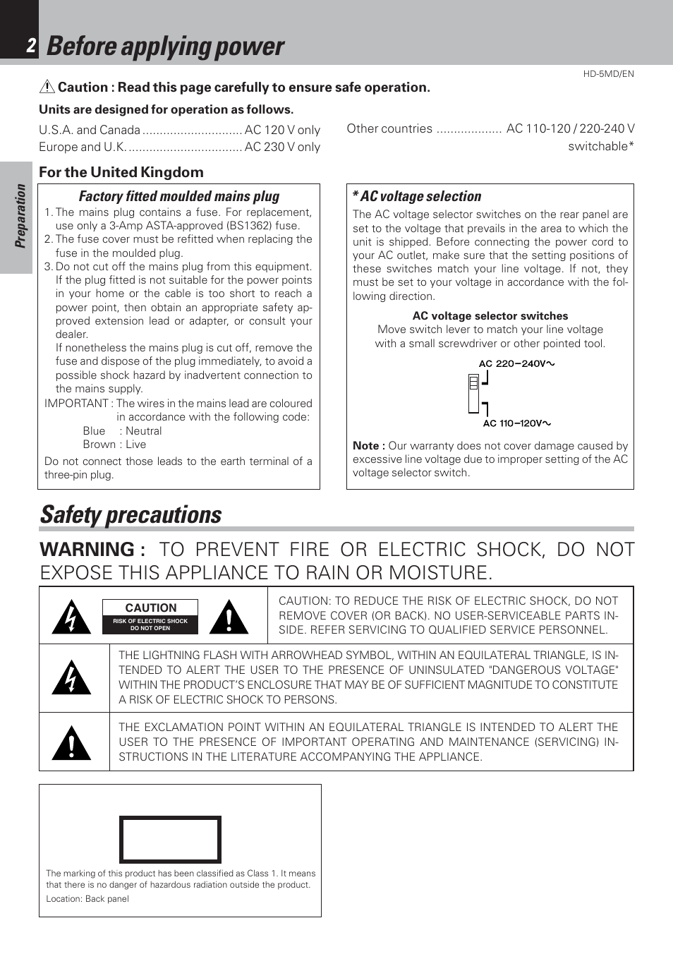 Preparation section, Before applying power, Safety precautions | Factory fitted moulded mains plug, Ac voltage selection | Kenwood MICRO HI-FI COMPONENT SYSTEM HD-5MD User Manual | Page 2 / 80