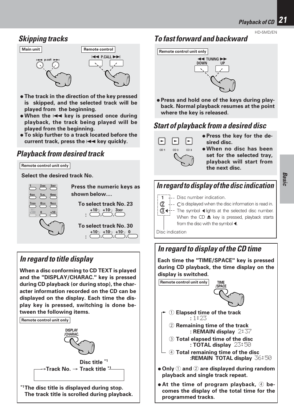 Skipping tracks, Playback from desired track, Start of playback from a desired disc | Basic, Playback of cd | Kenwood MICRO HI-FI COMPONENT SYSTEM HD-5MD User Manual | Page 21 / 80