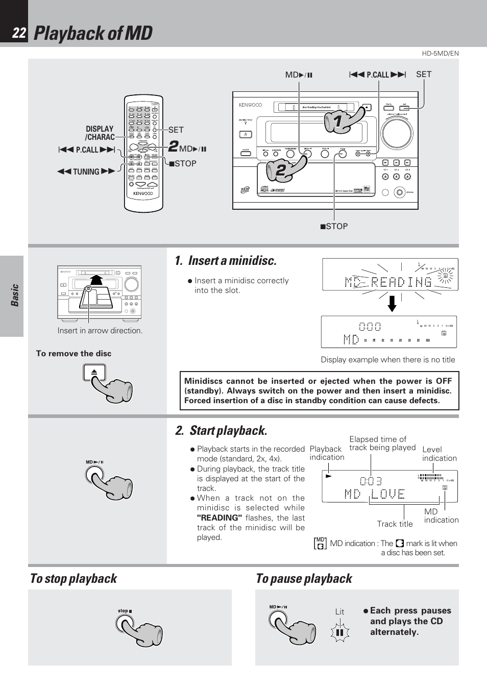 Playback of md, Insert a minidisc. 2. start playback, Basic | Each press pauses and plays the cd alternately, Playback indication level indication, Insert a minidisc correctly into the slot, 7stop, 7stop set md 6 md 6 set, P.call, P.call display /charac tuning | Kenwood MICRO HI-FI COMPONENT SYSTEM HD-5MD User Manual | Page 22 / 80