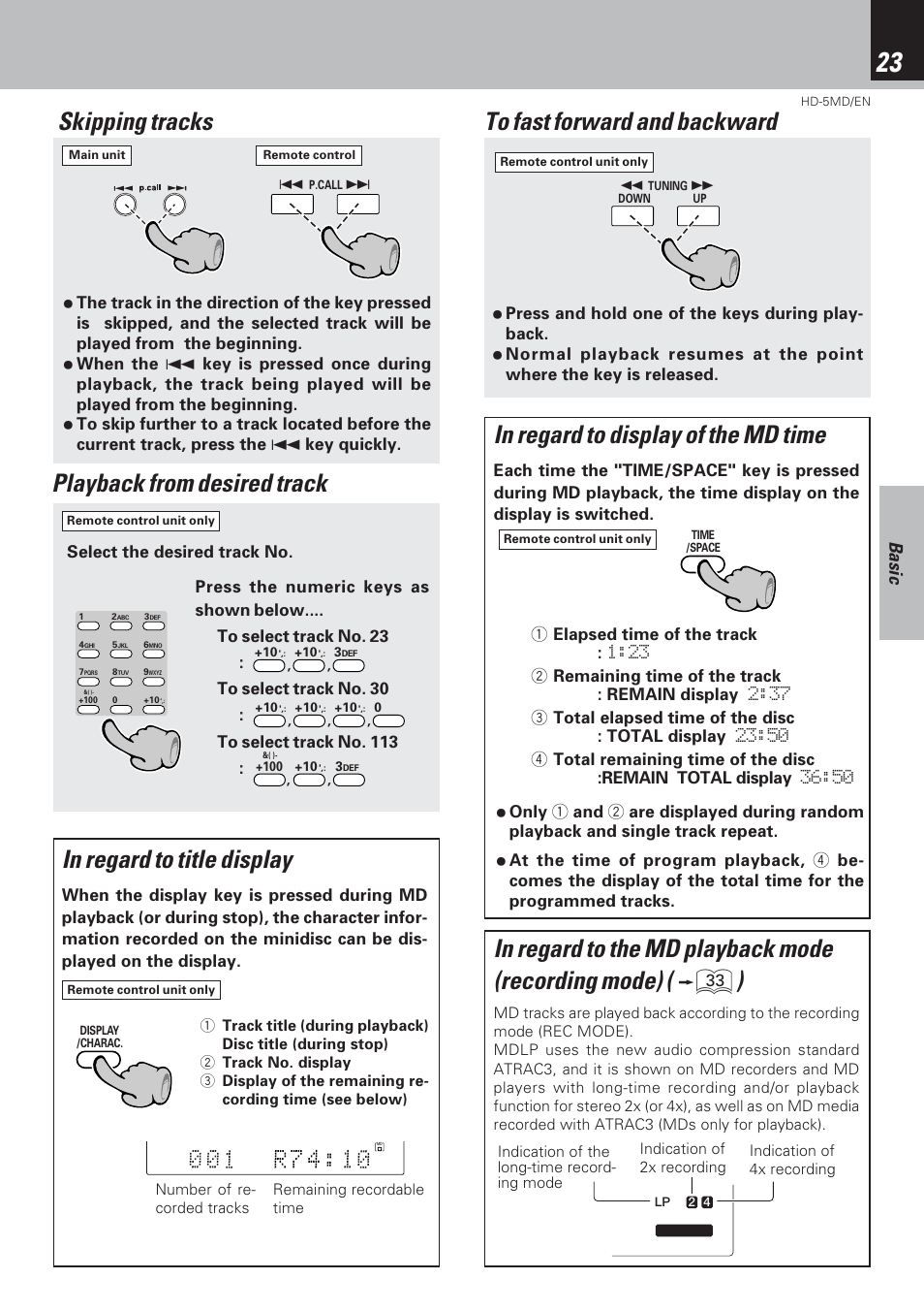 Skipping tracks, Playback from desired track, Basic | Kenwood MICRO HI-FI COMPONENT SYSTEM HD-5MD User Manual | Page 23 / 80