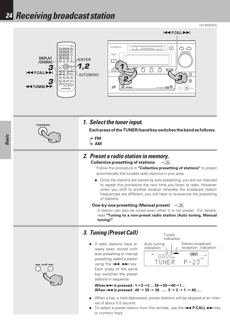 Receiving broadcast station, Select the tuner input, Basic | One-by-one presetting (manual preset), Collective presetting of stations, Auto/mono enter, P.call, P.call display /charac tuning | Kenwood MICRO HI-FI COMPONENT SYSTEM HD-5MD User Manual | Page 24 / 80