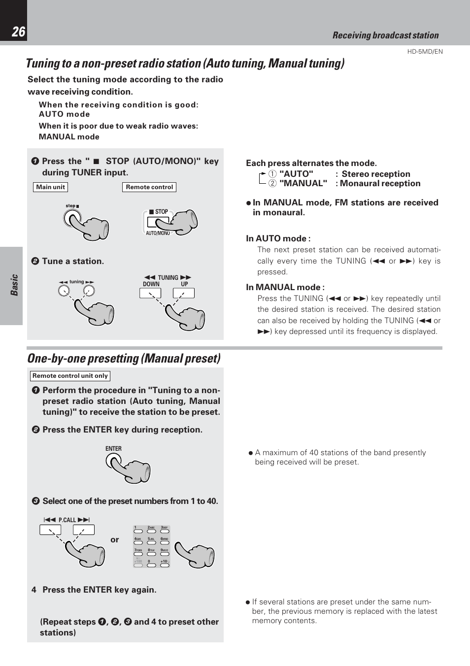 One-by-one presetting (manual preset), Basic, Receiving broadcast station | Kenwood MICRO HI-FI COMPONENT SYSTEM HD-5MD User Manual | Page 26 / 80