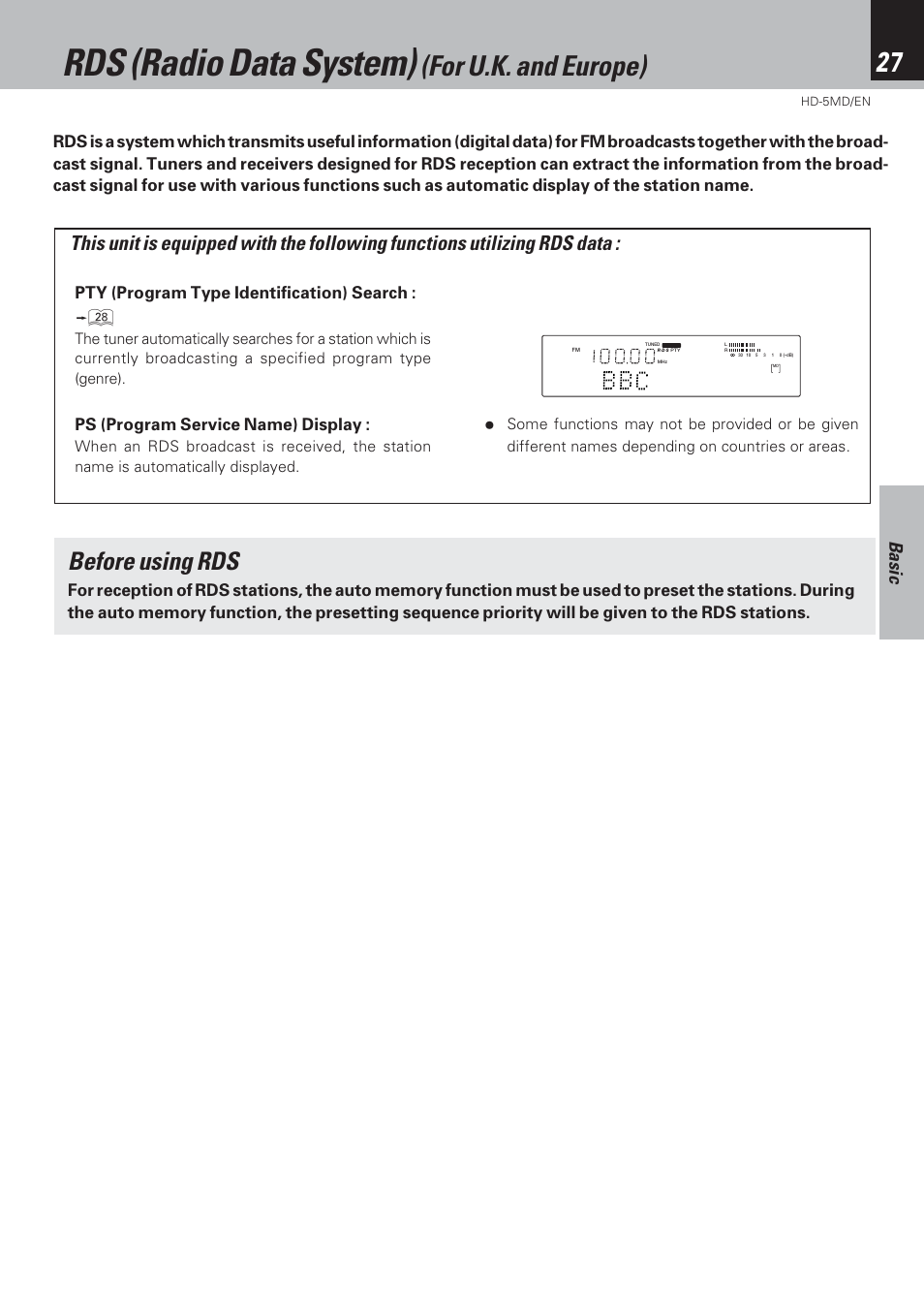 Rds (radio data system) (for u.k. and europe), Rds (radio data system), For u.k. and europe) | Before using rds, Basic, Pty (program type identification) search, Ps (program service name) display | Kenwood MICRO HI-FI COMPONENT SYSTEM HD-5MD User Manual | Page 27 / 80