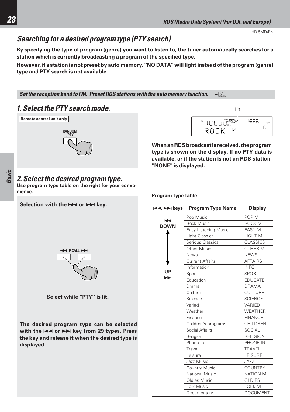 Searching for a desired program type (pty search), Basic, Rds (radio data system) (for u.k. and europe) | Kenwood MICRO HI-FI COMPONENT SYSTEM HD-5MD User Manual | Page 28 / 80