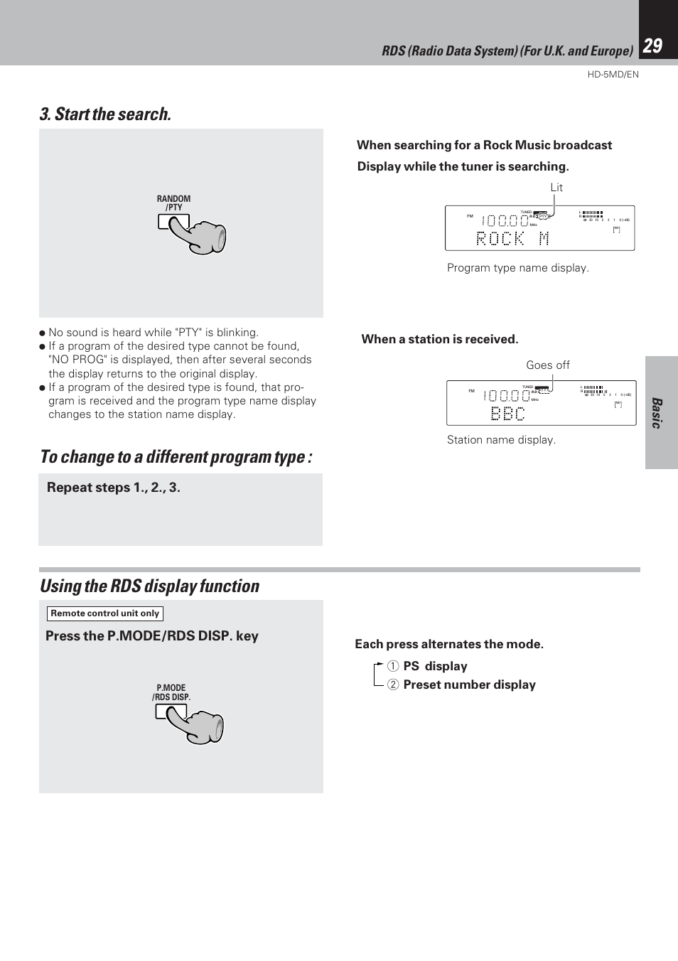 Using the rds display function, Basic, Repeat steps 1., 2., 3 | Rds (radio data system) (for u.k. and europe), Press the p.mode/rds disp. key | Kenwood MICRO HI-FI COMPONENT SYSTEM HD-5MD User Manual | Page 29 / 80