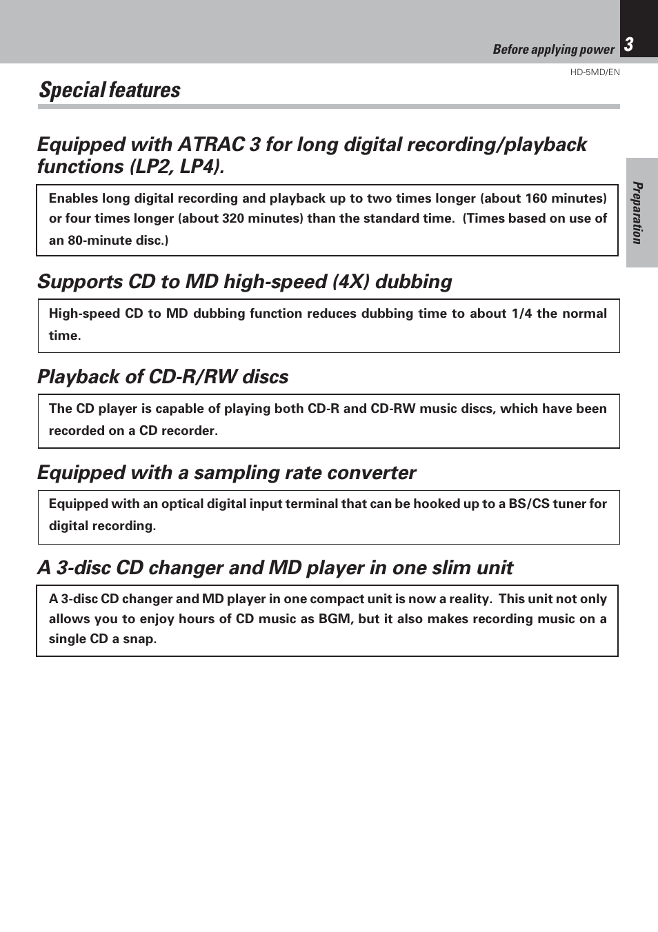 Special features, Supports cd to md high-speed (4x) dubbing, Playback of cd-r/rw discs | Equipped with a sampling rate converter, A 3-disc cd changer and md player in one slim unit | Kenwood MICRO HI-FI COMPONENT SYSTEM HD-5MD User Manual | Page 3 / 80
