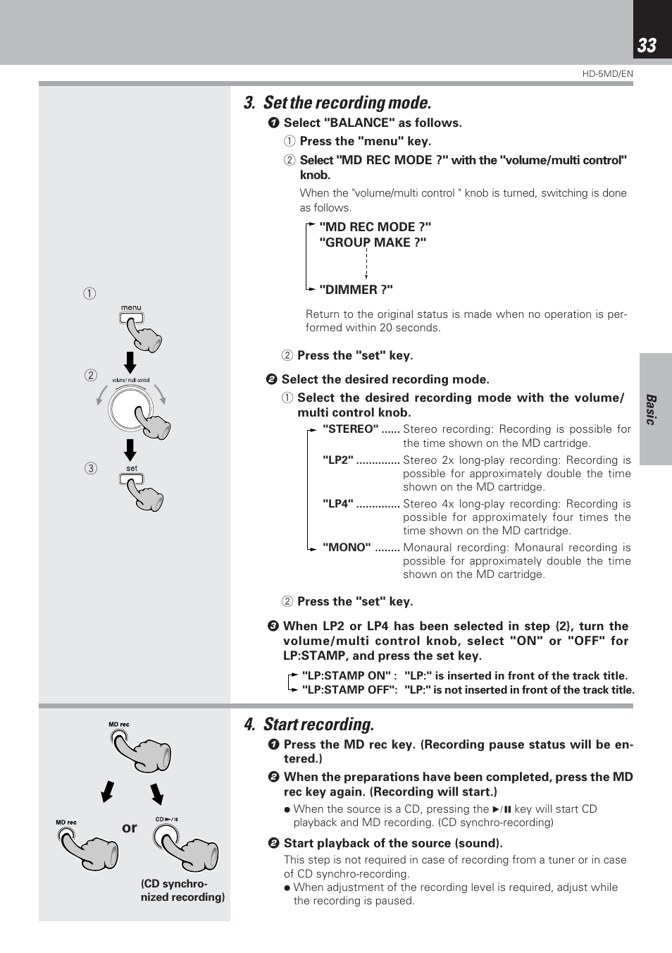 Set the recording mode, Start recording | Kenwood MICRO HI-FI COMPONENT SYSTEM HD-5MD User Manual | Page 33 / 80