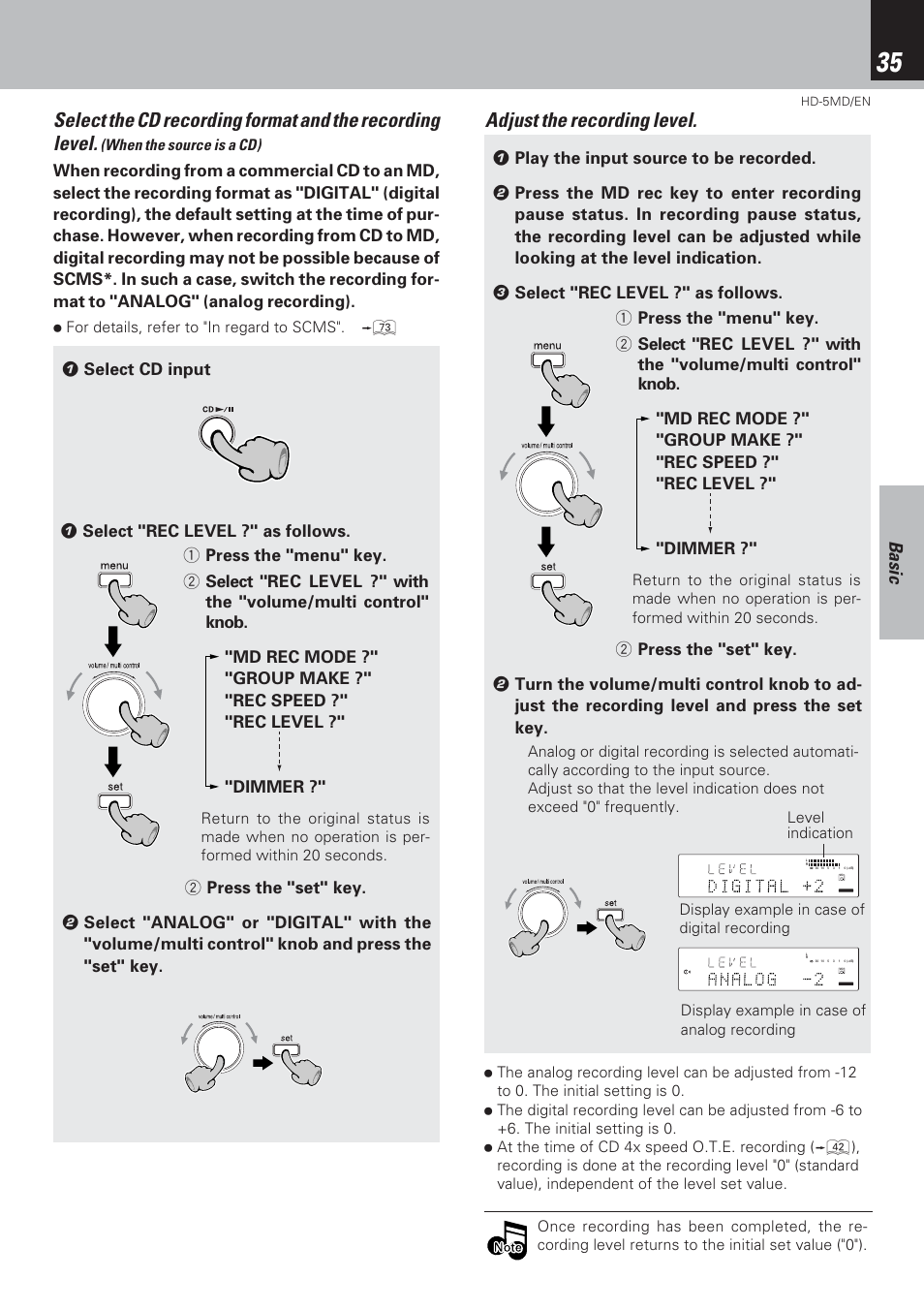 Adjust the recording level, Basic | Kenwood MICRO HI-FI COMPONENT SYSTEM HD-5MD User Manual | Page 35 / 80