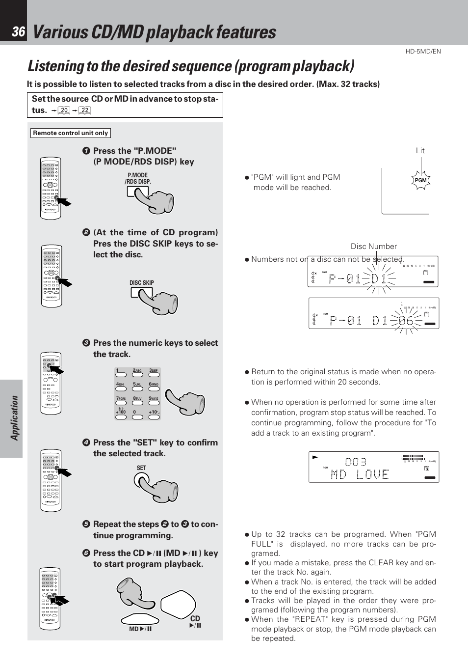 Application section, Various cd/md playback features, Application | 6cd 6 disc number | Kenwood MICRO HI-FI COMPONENT SYSTEM HD-5MD User Manual | Page 36 / 80