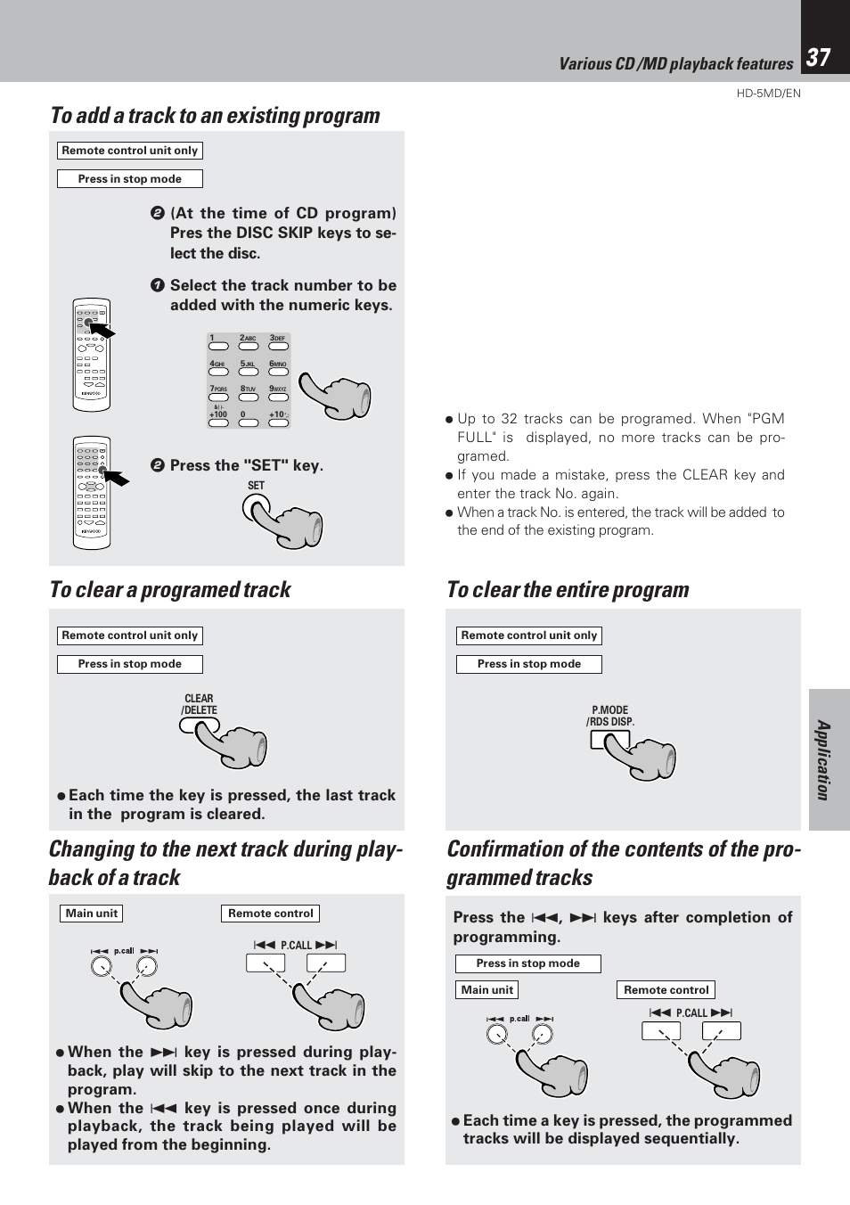 Application, Various cd /md playback features | Kenwood MICRO HI-FI COMPONENT SYSTEM HD-5MD User Manual | Page 37 / 80