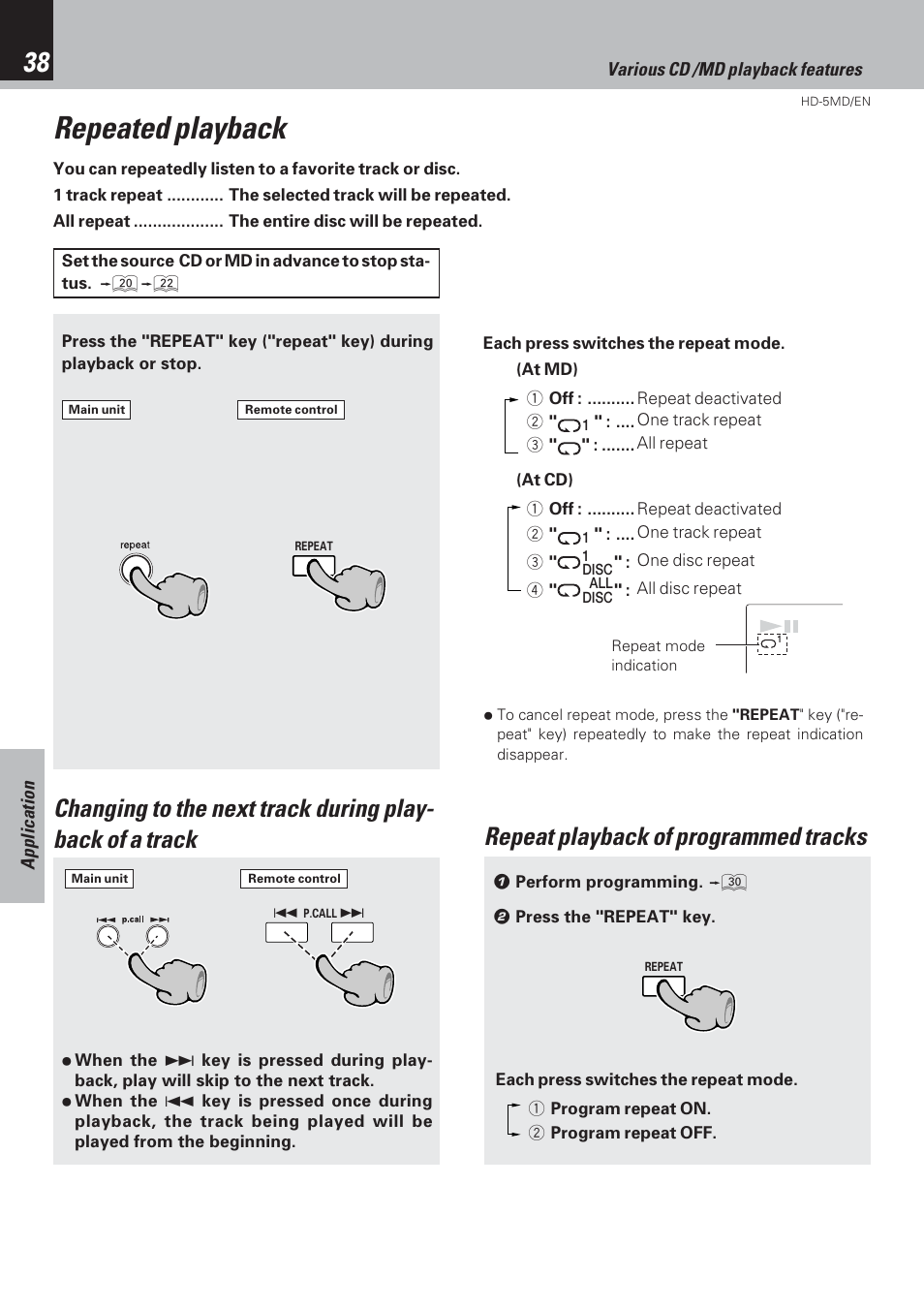 Repeated playback, Repeat playback of programmed tracks | Kenwood MICRO HI-FI COMPONENT SYSTEM HD-5MD User Manual | Page 38 / 80