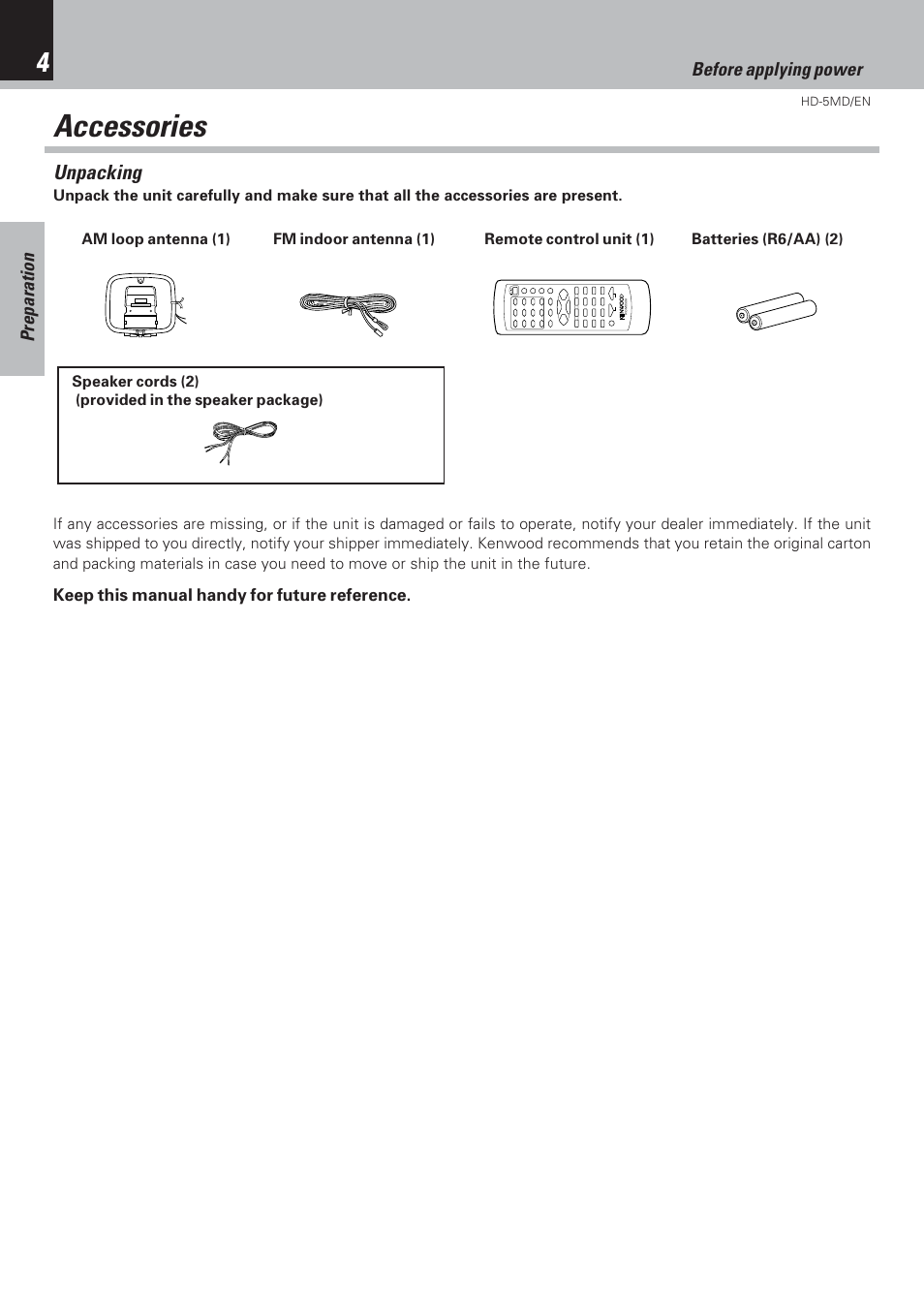 Accessories | Kenwood MICRO HI-FI COMPONENT SYSTEM HD-5MD User Manual | Page 4 / 80