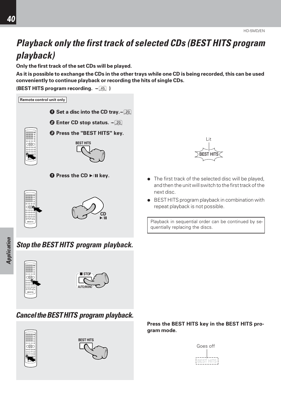 Stop the best hits program playback, Cancel the best hits program playback | Kenwood MICRO HI-FI COMPONENT SYSTEM HD-5MD User Manual | Page 40 / 80