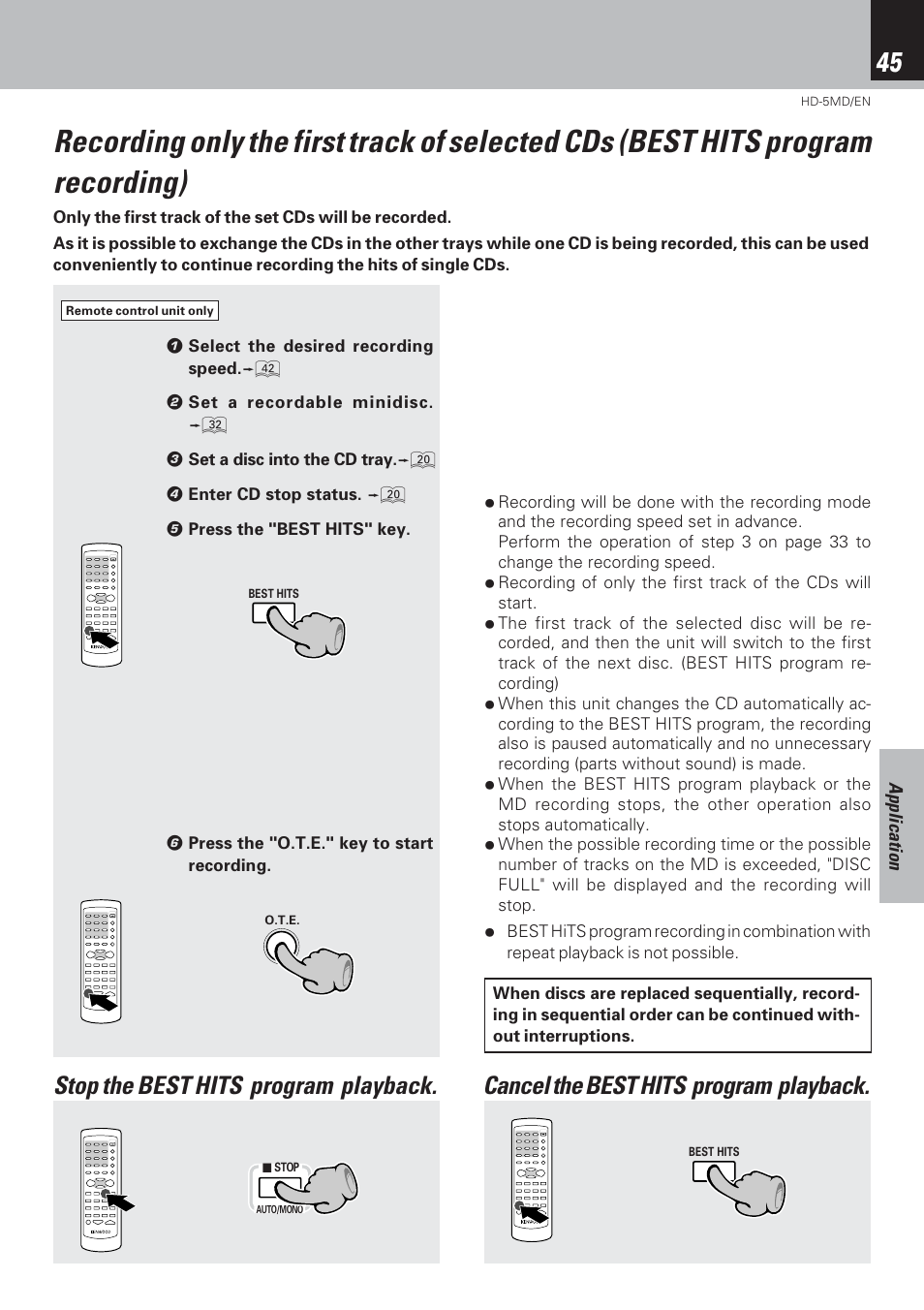 Stop the best hits program playback, Cancel the best hits program playback | Kenwood MICRO HI-FI COMPONENT SYSTEM HD-5MD User Manual | Page 45 / 80