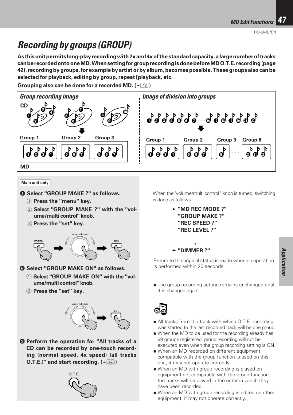 Recording by groups (group), Application md edit functions | Kenwood MICRO HI-FI COMPONENT SYSTEM HD-5MD User Manual | Page 47 / 80