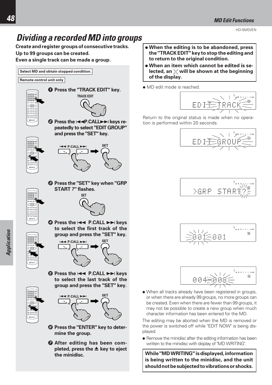 Dividing a recorded md into groups, Application md edit functions | Kenwood MICRO HI-FI COMPONENT SYSTEM HD-5MD User Manual | Page 48 / 80