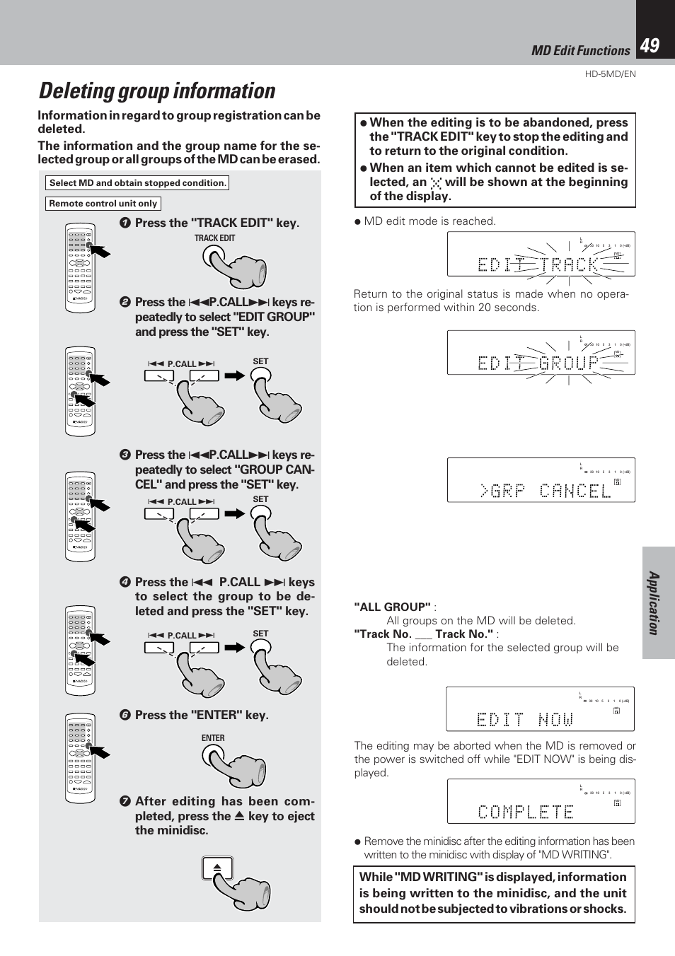 Deleting group information, Application md edit functions, Md edit mode is reached | Kenwood MICRO HI-FI COMPONENT SYSTEM HD-5MD User Manual | Page 49 / 80