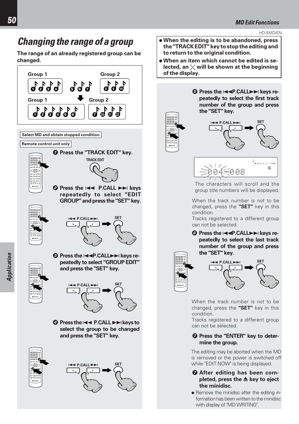 Changing the range of a group, Application md edit functions | Kenwood MICRO HI-FI COMPONENT SYSTEM HD-5MD User Manual | Page 50 / 80