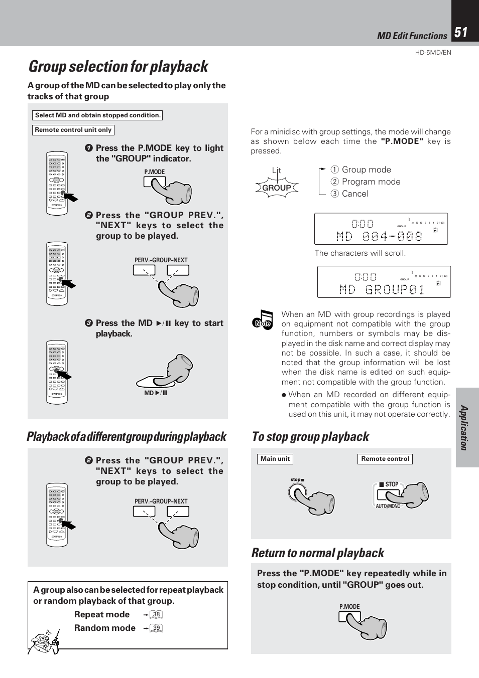 Group selection for playback, Return to normal playback, Application md edit functions | 1 group mode 2 program mode 3 cancel | Kenwood MICRO HI-FI COMPONENT SYSTEM HD-5MD User Manual | Page 51 / 80