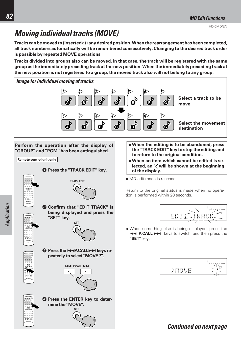 Moving individual tracks (move), Continued on next page, Image for individual moving of tracks | Application md edit functions, Select the movement destination | Kenwood MICRO HI-FI COMPONENT SYSTEM HD-5MD User Manual | Page 52 / 80