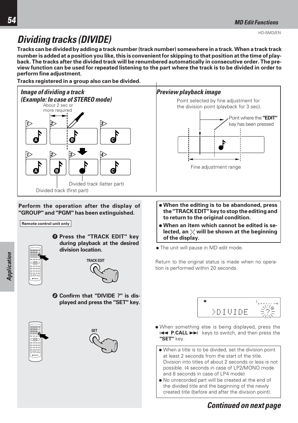 Dividing tracks (divide), Continued on next page, Application md edit functions | Kenwood MICRO HI-FI COMPONENT SYSTEM HD-5MD User Manual | Page 54 / 80