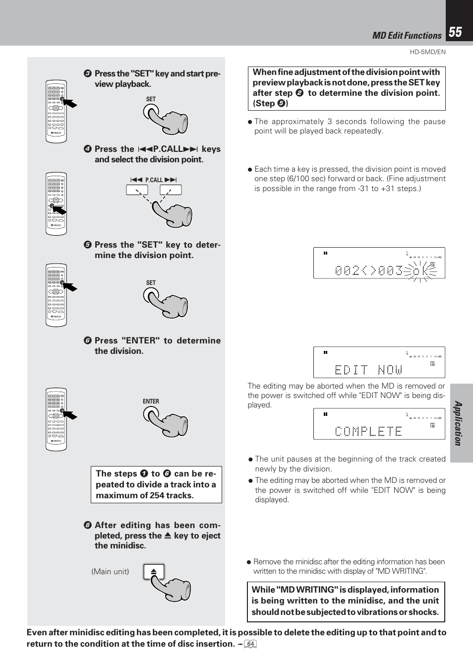 Application md edit functions, Main unit) | Kenwood MICRO HI-FI COMPONENT SYSTEM HD-5MD User Manual | Page 55 / 80