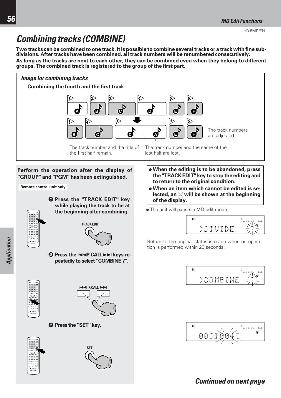 Combining tracks (combine), Continued on next page, Image for combining tracks | Application md edit functions, Combining the fourth and the first track | Kenwood MICRO HI-FI COMPONENT SYSTEM HD-5MD User Manual | Page 56 / 80