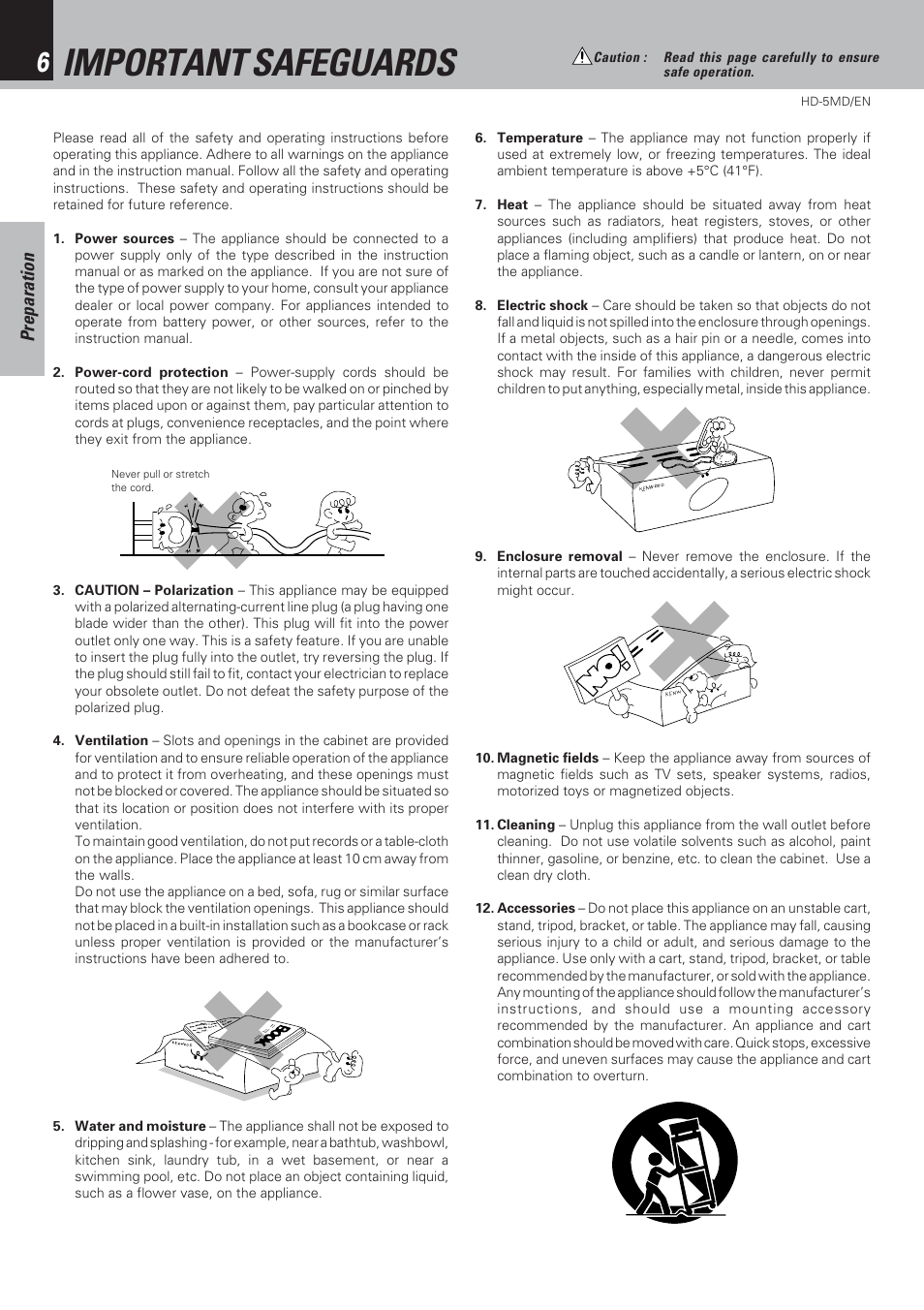 Important safeguards, Preparation | Kenwood MICRO HI-FI COMPONENT SYSTEM HD-5MD User Manual | Page 6 / 80