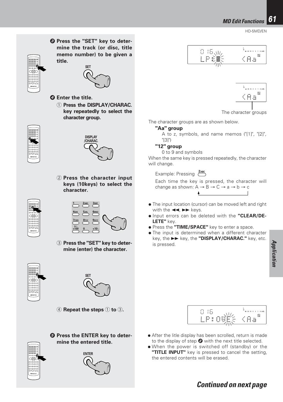 Continued on next page, Application, Md edit functions | Aa" group, 12" group, The character groups are as shown below | Kenwood MICRO HI-FI COMPONENT SYSTEM HD-5MD User Manual | Page 61 / 80